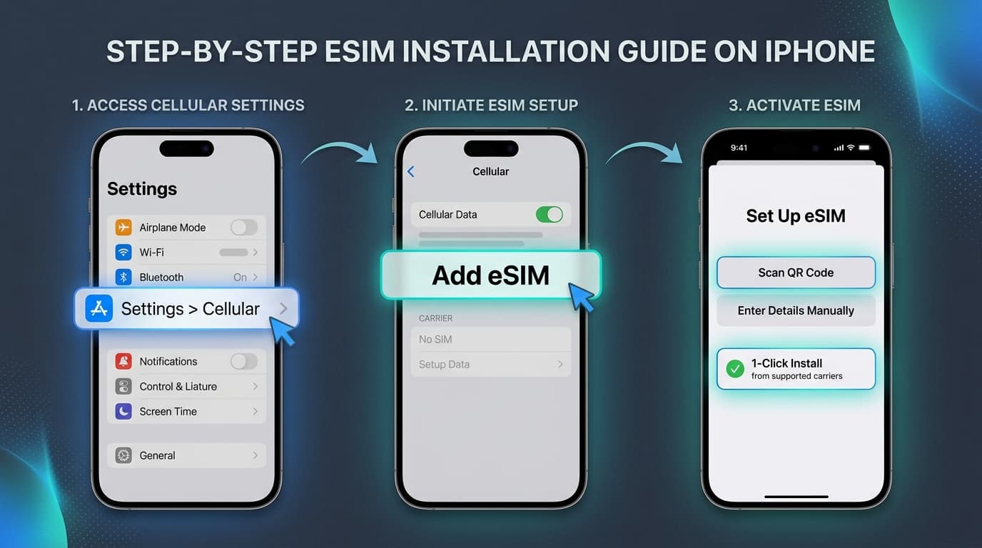 Step-by-step visual infographic guide to installing eSIM on Apple iPhone