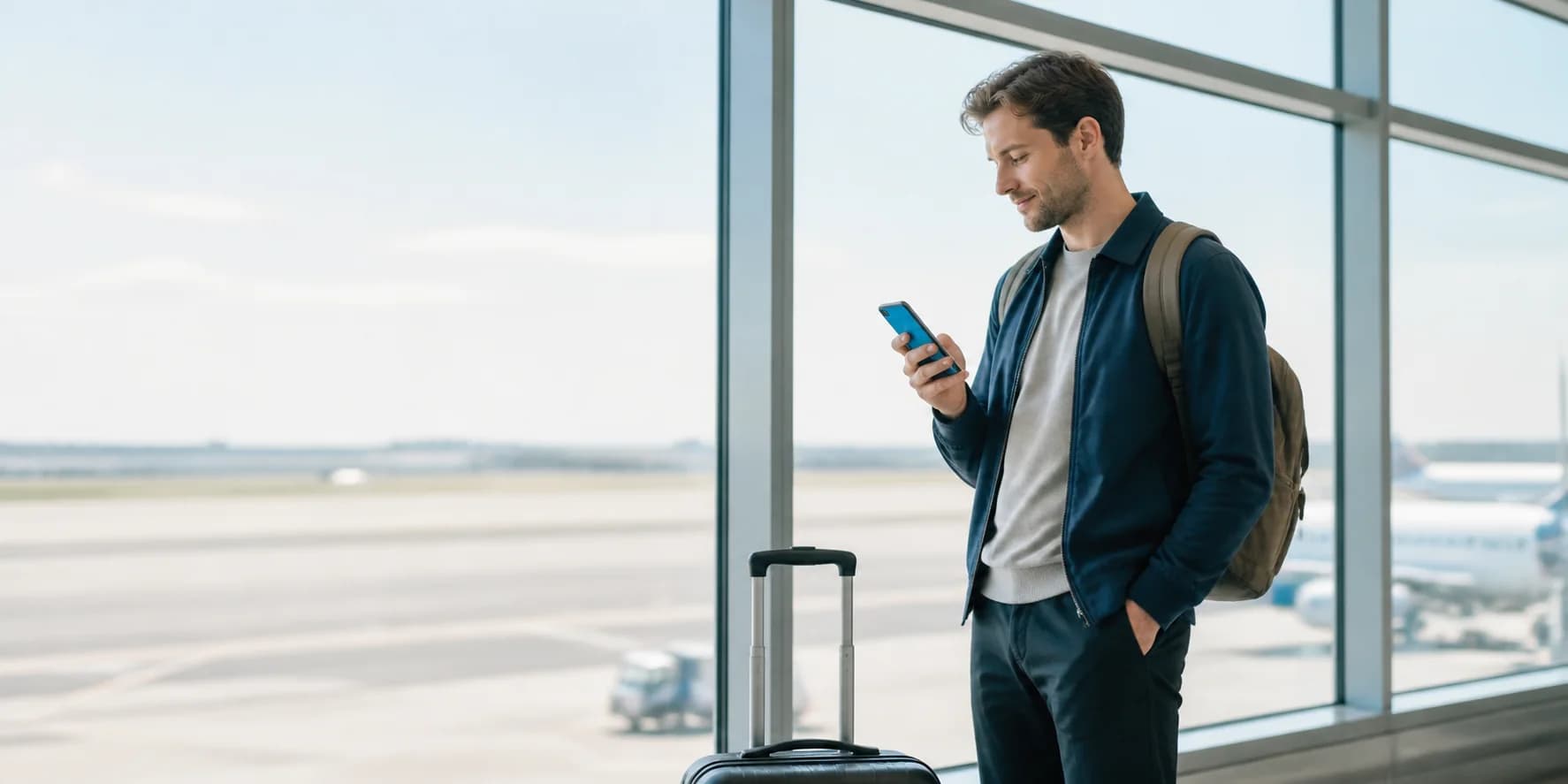 Traveler preparing mobile data on a phone before departure
