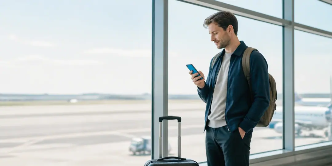 Traveler preparing mobile data on a phone before departure
